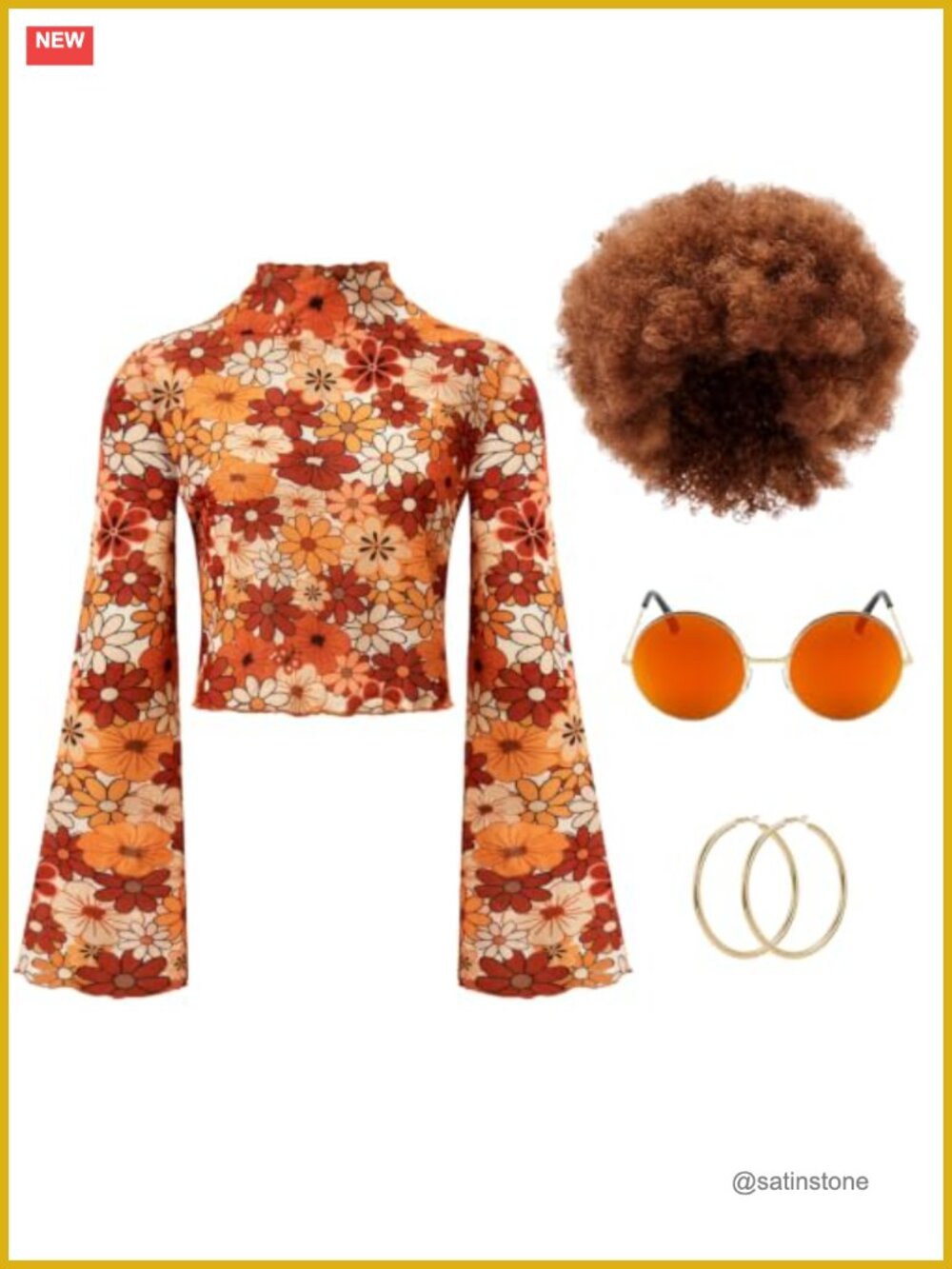 70s Hippie Costume Set Bell Sleeve Shirt Afro Wig Sunglasses Earrings